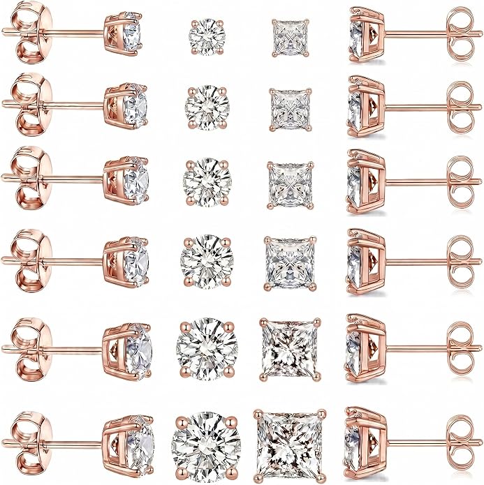 12 Pairs Stud Earrings Set, 3-8mm Cubic Zirconia Earrings for Women & Men 316L Stainless Steel Earring Hypoallergenic Small Earring Nickel Free