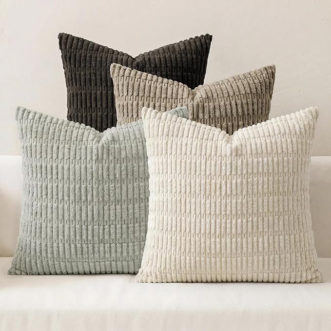 Softalker Throw Pillow Covers 20x20 Inch, Set of 4, Corduroy Soft Striped Farmhouse Boho Pillow Cover, Modern Decorative Cushion Pillow Case for Couch Sofa Bedroom Living Room, Grey/Brown
