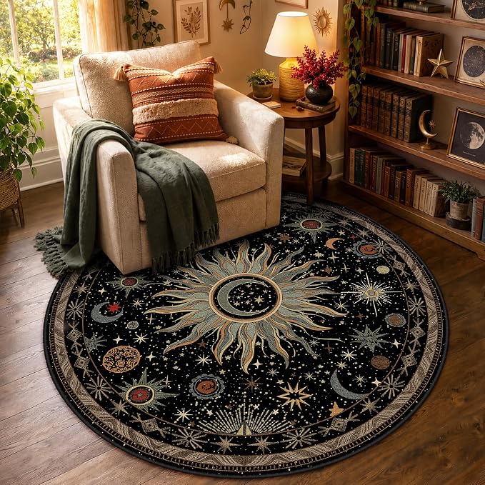 Vacuum-Friendly, Round 4ft Washable Area Rug, Black Green Beige | Sun and Moon Boho Gothic Non-Slip Low Pile Living Roon Bedroom Dining Room Kitchen Entry Entryway Entrance Hallway Doormat