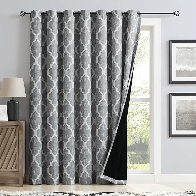 Beauoop Moroccan 100% Blackout Sliding Door Curtains Grey 100x84 1 Set | Geometric Room Darkening Patio Curtains Extra Wide Room Divider Drapes Thermal Soundproof Lattice Window treatment Grommet