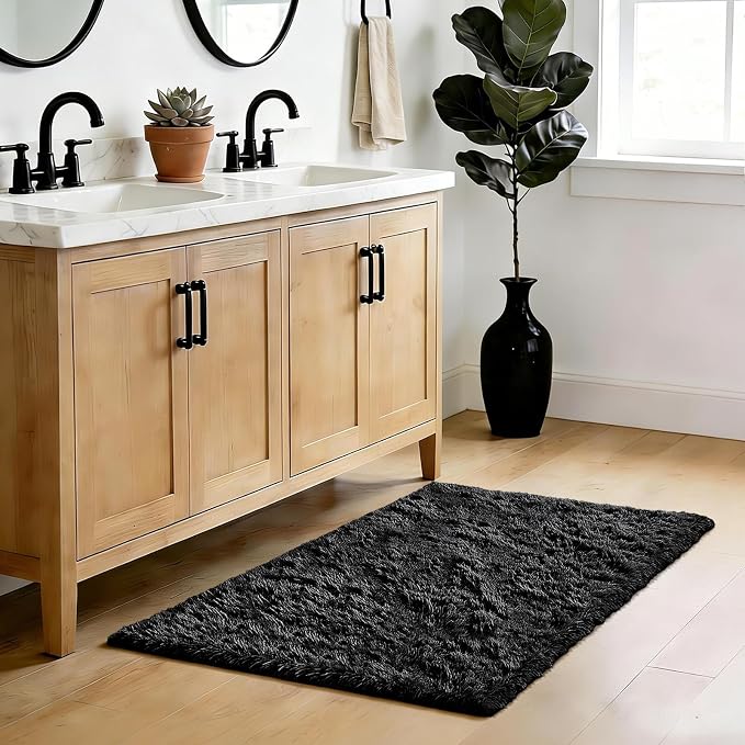 Fluffy Rug Shag Area Rug, Black 3x5 Area Rugs for Bedroom, Small Bedside Rug, Soft Fluffy Shag Entryway Throw Rugs for Living Room Bedroom Room Home Decor