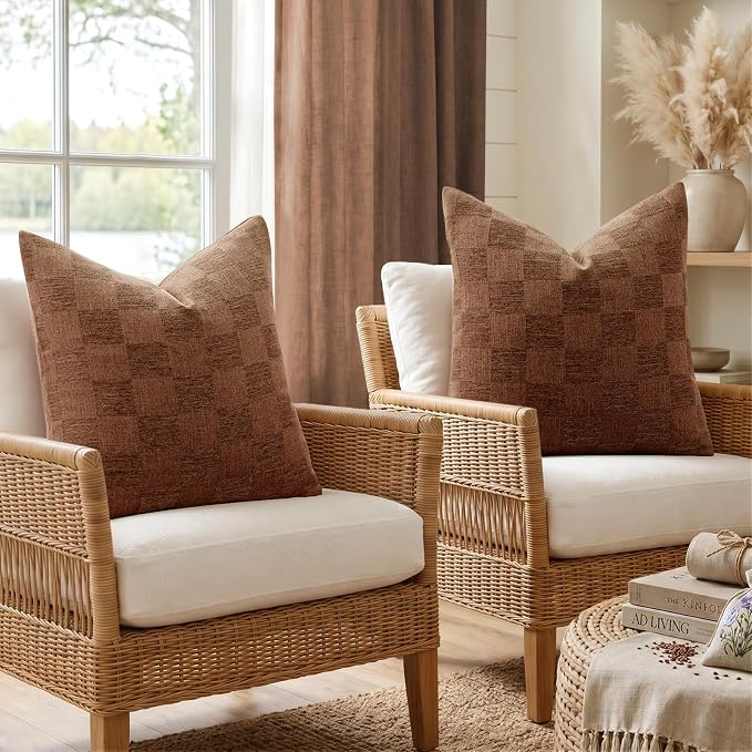 a moment Set of 2 Decorative Linen Throw Pillow Covers,Large Grid Textured Neutral Boho Farmhouse Cushion Covers,Soft Aesthetic Pillowcases for Couch Sofa Living Room Home Decor,20x20 Inch,Hazal