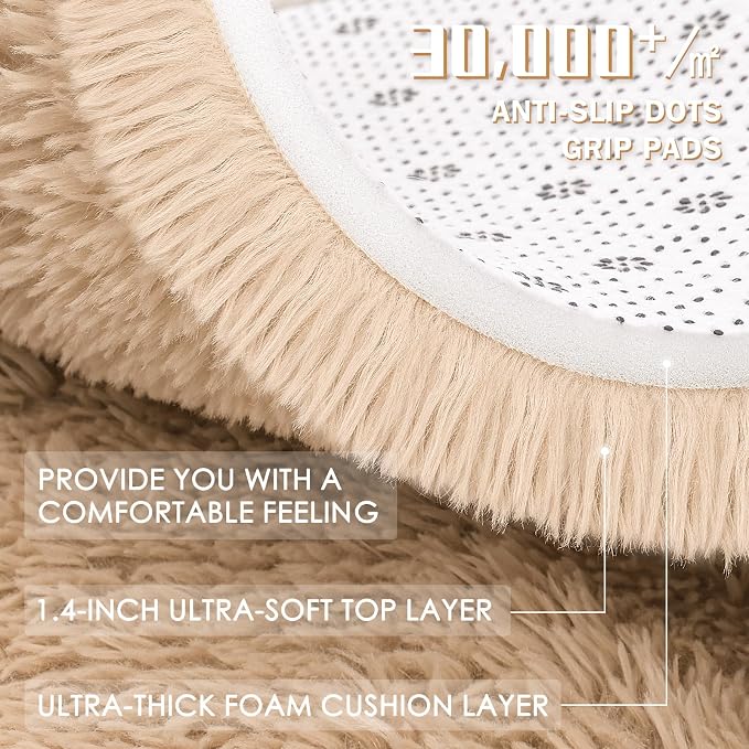 OLANLY Beige Round Rugs for Bedroom - Machine Washable, 6 ft Circle Area Rugs for Living Room, Soft and Fluffy Shaggy Carpet for Teen Girls and Boys, Nursery Rooms, Dorms, Home Decor Aesthetic