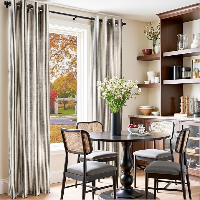 jinchan Linen Curtains 96 inch Black Stripe on Beige Grommet 2 Panels | Curtains for Living Room Bedroom,Ticking Stripe Pattern,Pinstripe Farmhouse Rustic,Window Treatment,Light Filtering