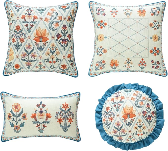 ISAENNE Designer Elegant Linen Throw Pillow Cover,Set of 4-Floralsea Set | French Cottage Pillow Cover,Concealed Zipper,Floral Pattern,Sofas,Bedroom,Living Room,Lounge Chairs,All Season Home Decor