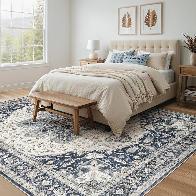 Tortania Area Rug Living Room Rugs - 8x10 Washable Boho Rug Vintage Oriental Distressed Farmhouse Large Thin Indoor Carpet for Living Room Bedroom Under Dining Table Home Office - Indigo