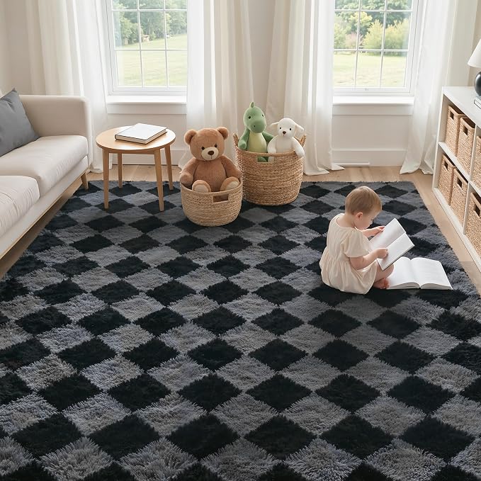 GENIMO Checkered Rug 8x10 Area Rugs for Kids Bedroom Soft Shag Rug Fluffy Fuzzy Carpet Plush Rugs for Living Room Nursery Playroom Dorm Modern Home Decor Aesthetic, Black and Grey
