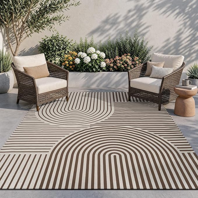 AMOAMI Outdoor Rug Patio Rug 5x8 ft Quick Dry Flatweave Textured Machine Washable Outdoor Carpet with Rubber Particles Backing Boho Outdoor Area Rug for Patio Deck Front Porch Balcony Greyish Brown