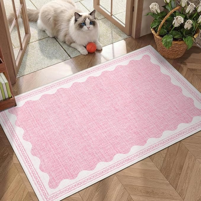 GarveeHome Door Mat Indoor Rugs for Entryway Small Rug 2x3 Washable Non-Slip Solid Pink Modern Minimalism Low-Pile Scalloped Throw Carpet for Girls Bedroom Kitchen Bathroom Entrance