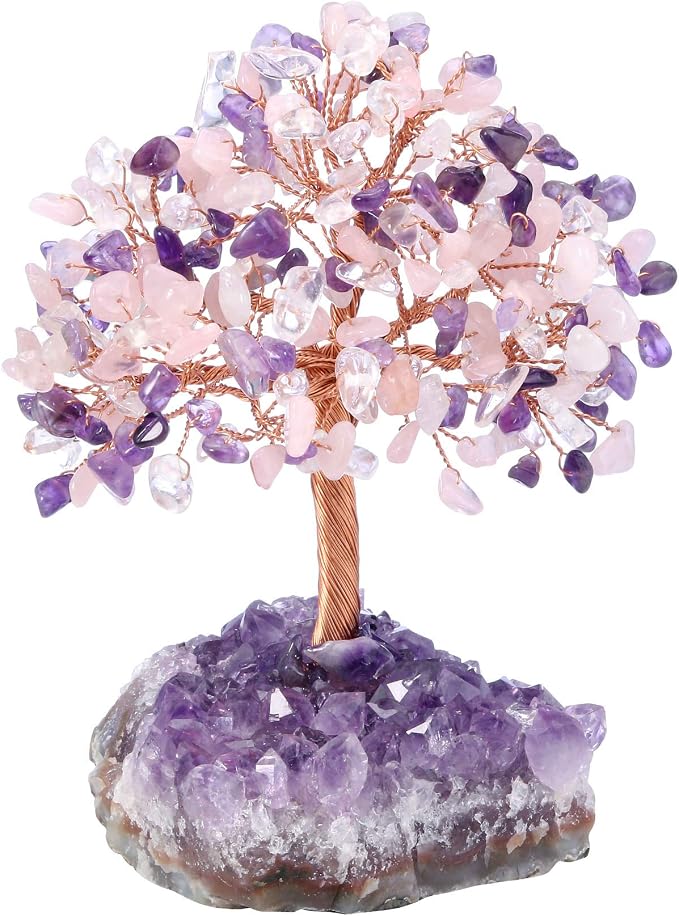 Jovivi Natural Amethyst + Clear Quartz + Rose Quartz Healing Crystal Money Tree on Amethyst Cluster Geode Druzy Base Feng Shui Crystals for Home Office Desk Decorations, Wealth, Good Luck