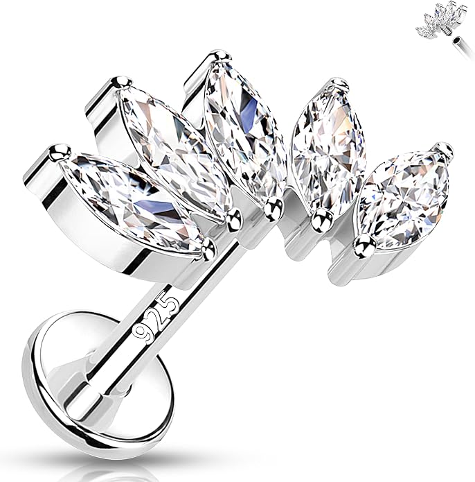Melighting 16G Curved Helix Earring, Sterling Silver 925 Tragus Conch Stud Internally Threaded, Clear Marquise Round CZ Flat Back Lobe Labret Cartilage Piercing Jewelry for Women 6/8 mm