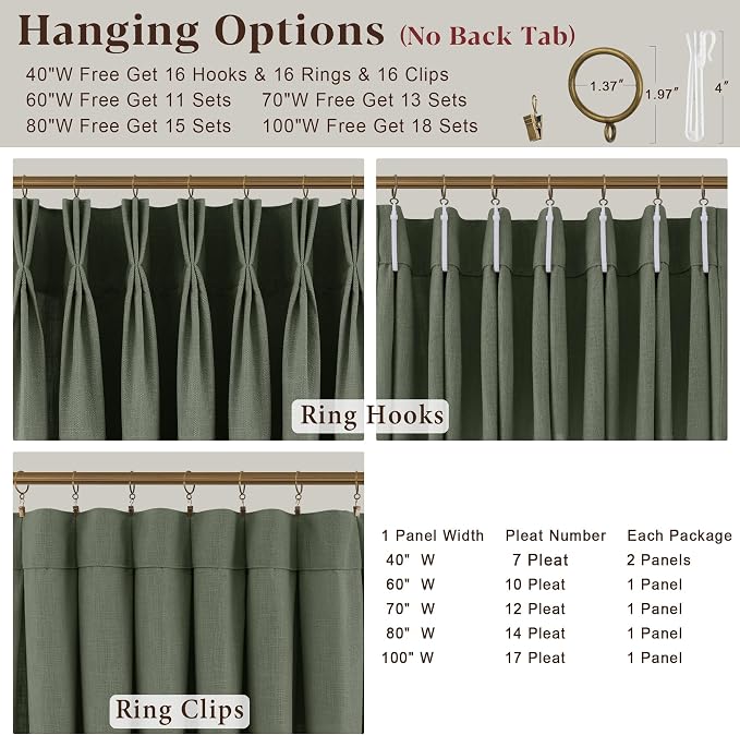 Sage Green Pleated Linen Curtains 100 Inch Length 2 Panels Set Semi Sheer Light Filtering Privacy Window Drapes for Living Room Modern Viral Pinch Pleated Curtains 100 Inches with Hooks Rings Clips