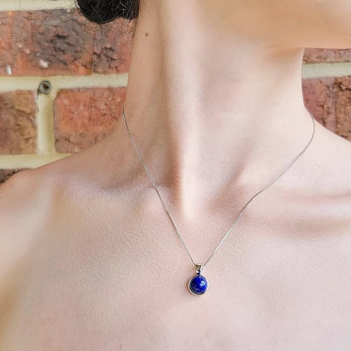 Natural gemstone 8mm round pendant with white gold over 925 sterling silver bezel cabochon plate and box chain, real genuine dainty birthstone gift for her, uniquelan jewelry
