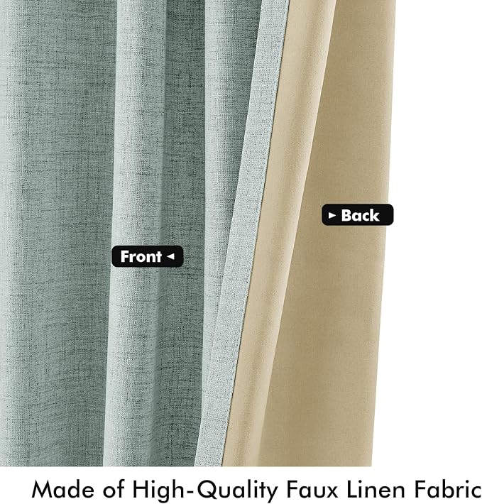 MIULEE 100% Blackout Linen Curtains 42 x 84 Inch Seafoam Green 2 Panels | Thermal Insulated, Room Darkening Drapes for Bedroom Living Room, Back Tab Rod Pocket Pinch Pleated, Solid Luxury Decor