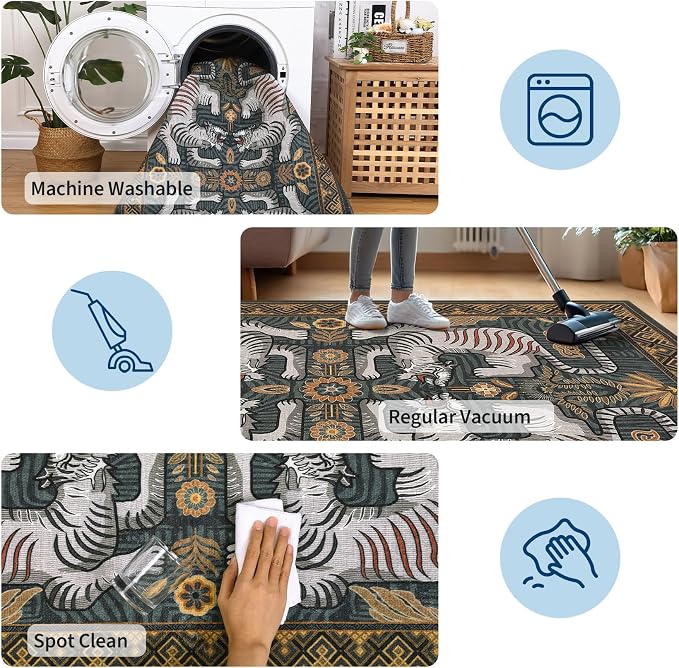 GarveeHome Tiger Print 2'x6' Washable Non Slip Runner Rugs for Hallways, Boho Blue Kitchen Runner Ultra Thin Soft Vintage Tribal Indoor Throw Floor Carpet for Entryway Bedroom Bathroom
