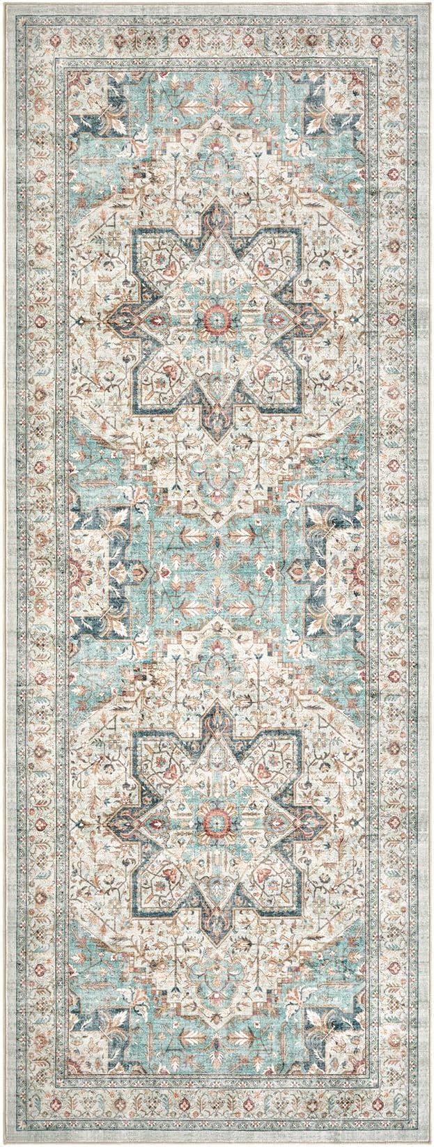 Tortania Area Rug 3x8 Runner Rugs - Washable Vintage Oriental Farmhouse Thin Indoor Carpet for Living Room Bedroom Hallway Entryway Kitchen Under Dining Table Home Office - Aqua Multi