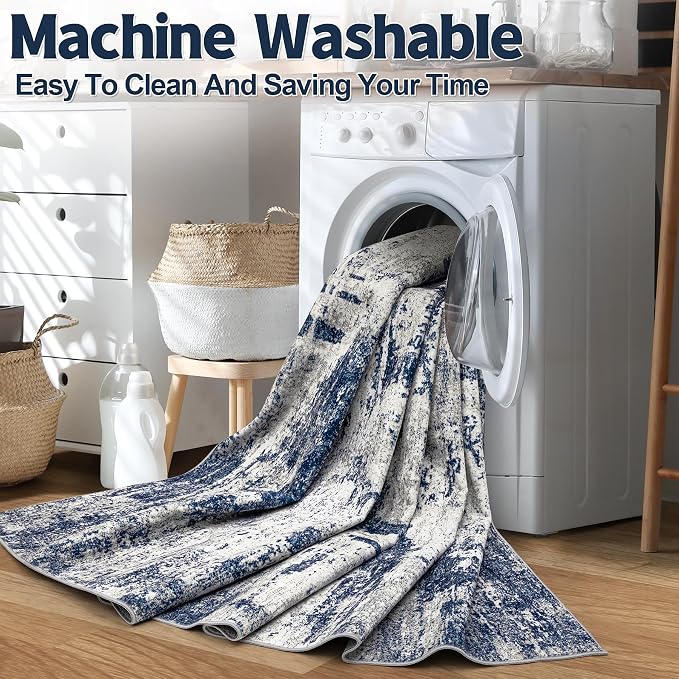 8x10 Area Rug for Living Room Bedroom: Abstract Washable Rug with Anti-Slip Backing Non-Shedding Stain-Resistant Soft Large Carpet for Dining Room Nursery Home Office - Gray/Blue