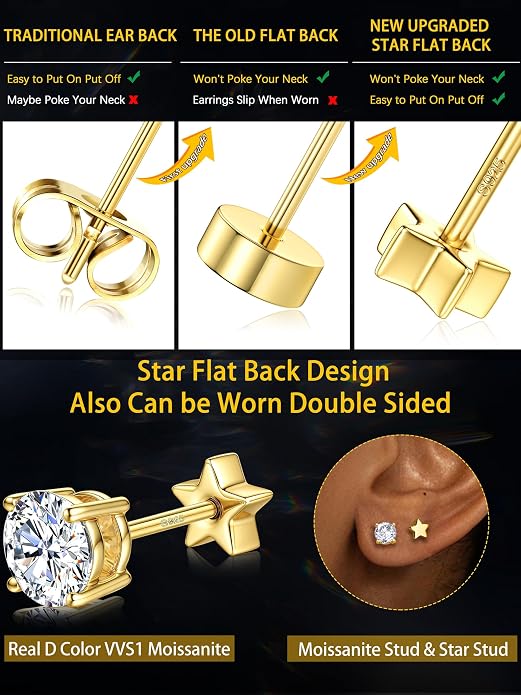 Moissanite Earrings Studs - 925 Sterling Silver Earrings for Women Men 14K Gold Plated Double Sided Star Flat Back Stud Earring Hypoallergenic Small Cartilage Helix Piercing Jewelry D Color VVS1