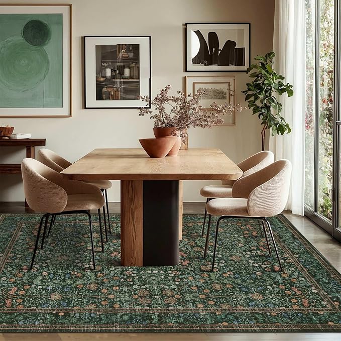 Rugxara Green Floral 4x6 Area Rug Washable Rug for Living Room Bedroom | Non Slip, Throw Rug for Entryway Dining Room Office Kids Room, Stain Resistant, Soft, Low Pile, Vintage Boho Carpet