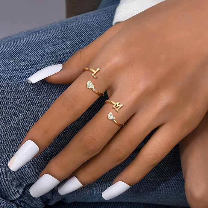 MILACOLATO 925 Sterling Silver Initial Rings for Women Teen Girl 18K Gold Plated Heart Initial Rings Adjustable Capital Letter Ring Stackable Thumb Pinky Rings for Daughter Birthday Bridesmaid Gifts Jewelry, A to Z