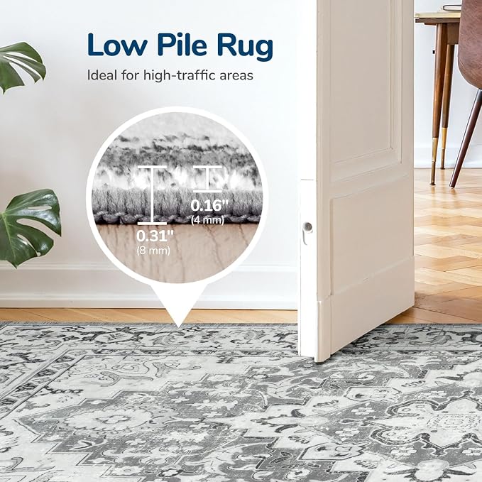 Lessymo Washable Area Rugs 6x9- Boho Area Rug Low Pile for Bedroom Living Room Kitchen, Ultra-Soft Faux Wool Vintage Area Rug with Non-Slip Rubber, Kid & Pet Friendly, Grey Cream White