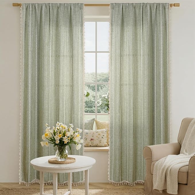 ColorBird Boho Curtains Linen-Textured Sage Green for Living Room Bedroom Light Filtering 84 Inches Modern Farmhouse Whimsical Decor Embroidered Striped for Nursery Door Dining Room