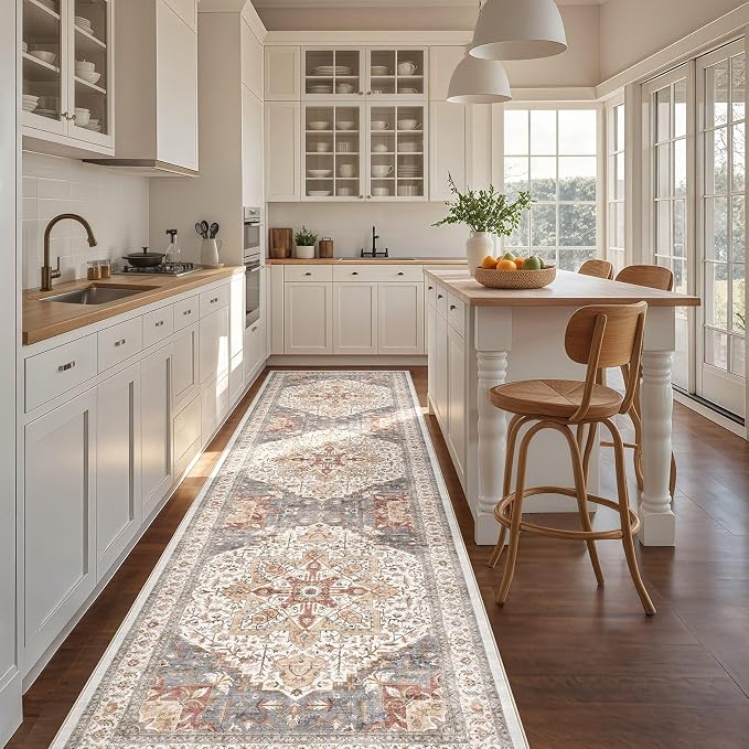 Tortania Area Rug 3x8 Runner Rugs - Washable Vintage Oriental Farmhouse Thin Indoor Carpet for Living Room Bedroom Hallway Entryway Kitchen Under Dining Table Home Office - Orange Multi