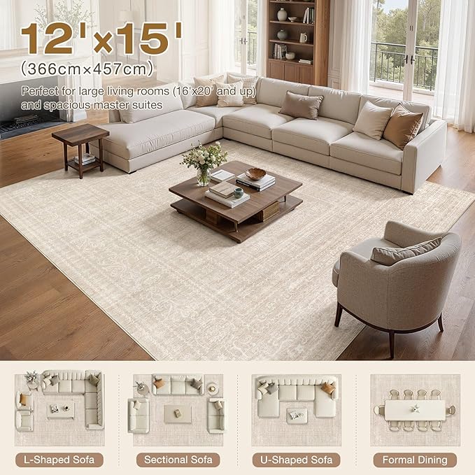 Nakagishi 12x15 Area Rugs Living Room: Washable Large Vintage Rug Neutral Non-Slip Soft Stain Resistant Indoor Carpet for Bedroom Nursery Dining Room Office Playroom - Beige