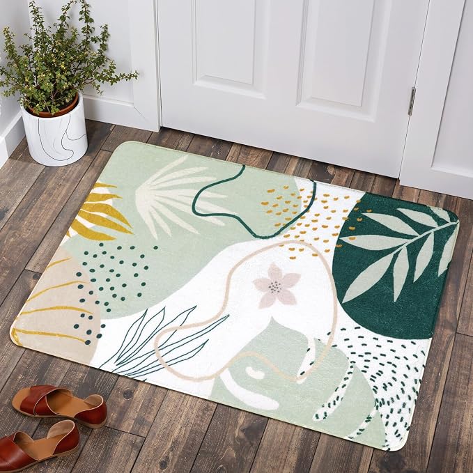 Lahome Green Washable Area Rug - 2x3 Botanical Print Small Rug Modern Abstract Non-Slip Minimalist Art Area Rug Accent Distressed Throw Rugs Floor Carpet for Living Room Bedroom Entryway Rug