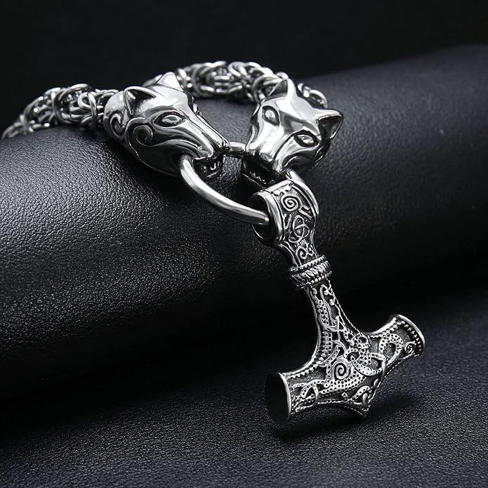 BAVIPOWER Viking Amulet Pendant with Big Wolf Head Chain Necklace 316L Stainless Steel Norse Scandinavian Necklace Authentic Viking