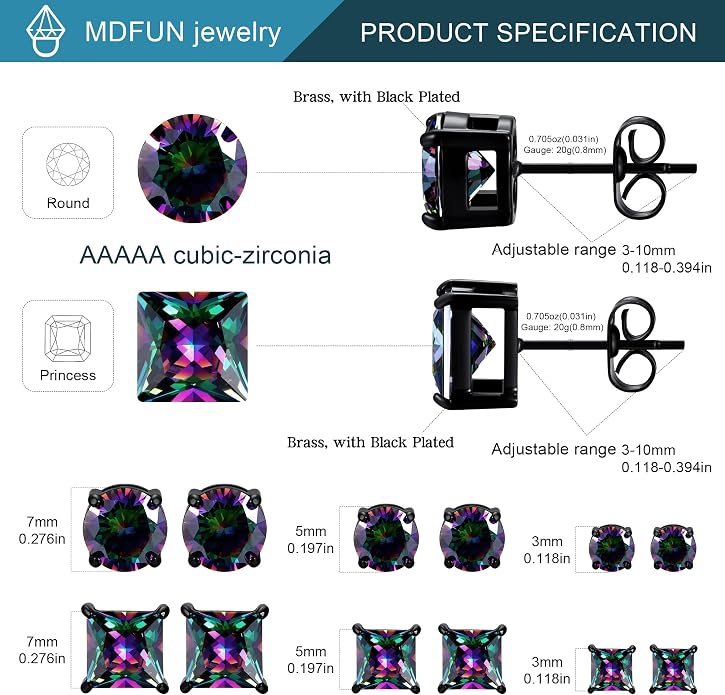 MDFUN 6 Pairs Stud Earrings Set 3mm/5mm/7mm Princess & Round Cubic Zirconia Earrings Hypoallergenic 316L Surgical Stainless Steel CZ Earrings for Women Men