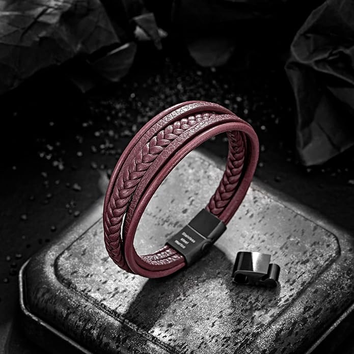 murtoo Mens Leather Bracelet with Clasp Cowhide Multi-Layer Braided Leather Mens Bracelet