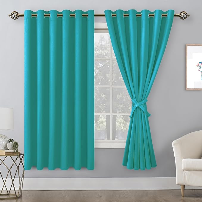 Hiasan Room Darkening Curtains for Bedroom, 70 x 63 Inches - Thermal Insulated & Energy Saving Window Drapes for Living Room/Dorm Room, Set of 2 Panels Sewn with Tiebacks, Peacock Teal
