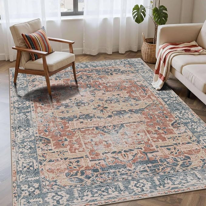 Rugxara 4x6 Area Rug for Living Room Bedroom Washable Rug, Coral Blue | Non Slip, Throw Rug for Entryway Dining Room Office Kids Room, Stain Resistant, Soft, Low Pile, Vintage Boho Retro Carpet