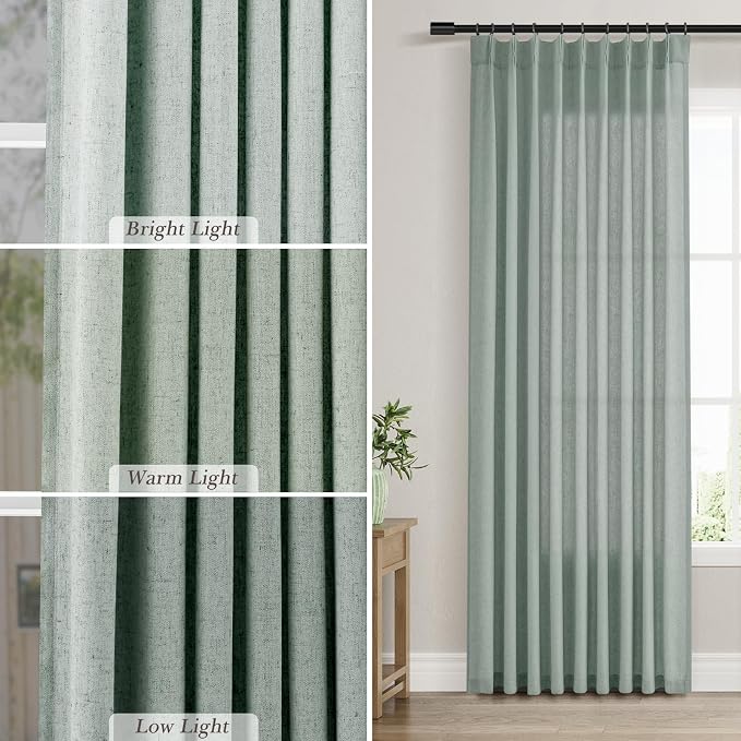Aersas Desert Sage Pinch Pleated Linen Curtains 84 Inch Length 2 Panels for Living Room Bedroom Semi Sheer Window Curtain Boho Neutral Back Tab Pinch Pleat Drape with Hooks 40x84