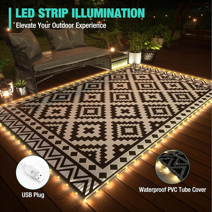 HAUSHOF 5' x 8' Outdoor Rug with LED Strip Light, Waterproof Patio Mat | Waterproof Surface, Easy-Clean Design, Reversible Double-Sided Use, RV Camping Beach Porch Balcony Use
