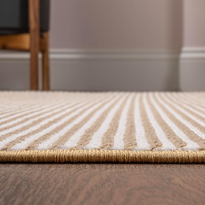 JONATHAN Y Cole Pinstripe High-Low White/Gold Runner Rug, 2x8, Modern, Minimalist, Easy-Cleaning for Living Room, Bedroom, Kitchen, Pet Friendly, Non-Shedding (CAR101D-28)