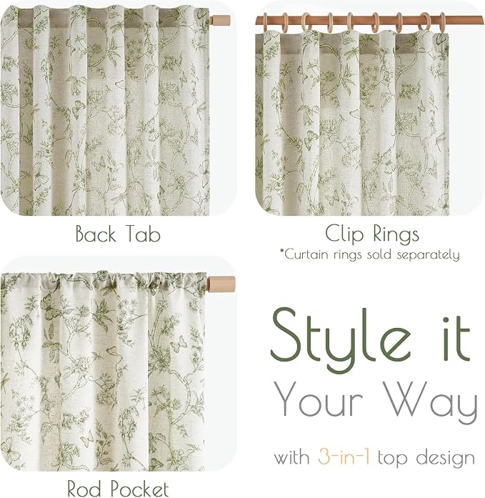 Lazzzy Charlotte Linen Green Floral Curtains 90 Inch Length Farmhouse Curtain Back Tab Drapes for Living Room Bedroom Light Filtering Vintage Rod Pocket Curtains, 2 Panels, Green on Beige