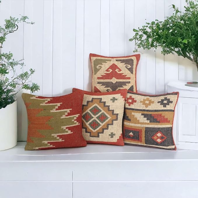 Set of 4 Wool Jute Vintage Kilim Cushion Covers,Home Decor Pillowcases Handwoven Turkish Pillow Decorative Throw Pillow Covers (Multicolor-7)