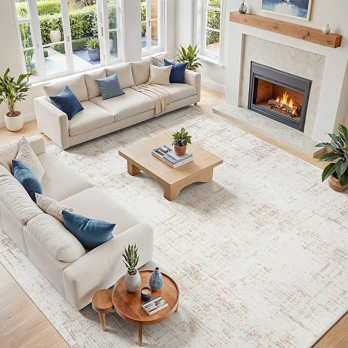 10x14 Area Rugs for Living Room Washable Rug: Anti-Skid Abstract Modern Living Room Rug Soft Thin Carpets Indoor Floor Non-Shedding Carpet for Bedroom Dining Farmhouse Nursery Home Office Beige White
