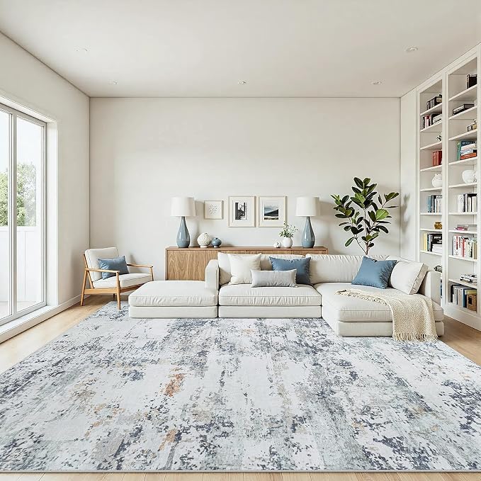 9x12 Area Rugs Living Room Rug Modern Abstract Neutral Washable Rugs Non Slip Soft Carpet Large Area Rug Low Pile Stain Resistant Non Shedding for Bedroom Nursery Dining Room Home Office Blue Grey