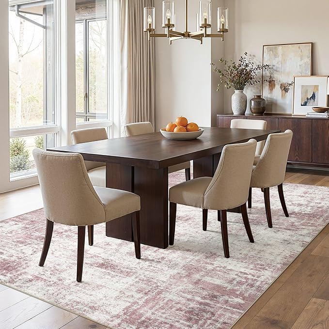 Washable 6x9 Area Rug for Living Room - Modern Abstract Carpet with Non-Slip Backing, Low Pile & Soft, Stain Resistant, Kid & Pet Friendly Decor for Bedroom & Dining Room - Pink