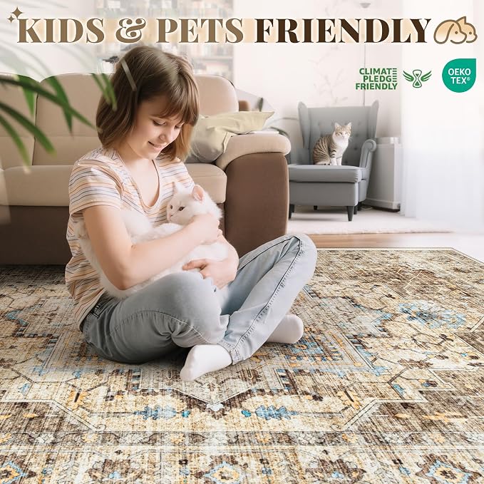 Area Rug 6x9 Vintage Rug: Washable Indoor Medallion Rugs Low Pile Distressed Floor Carpet Retro Accent Rug for Living Room Bedroom Kitchen Dining Table Home Office(Brown/Blue, 6'x9')