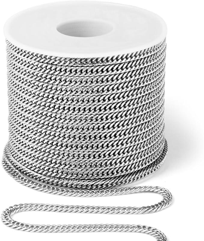 33 Feet Stainless Steel Double Cuban Link Chain Roll, 2.88mm Width 304 Stainless Steel Curb Chains Spool Bulk for Jewelry Making Chain