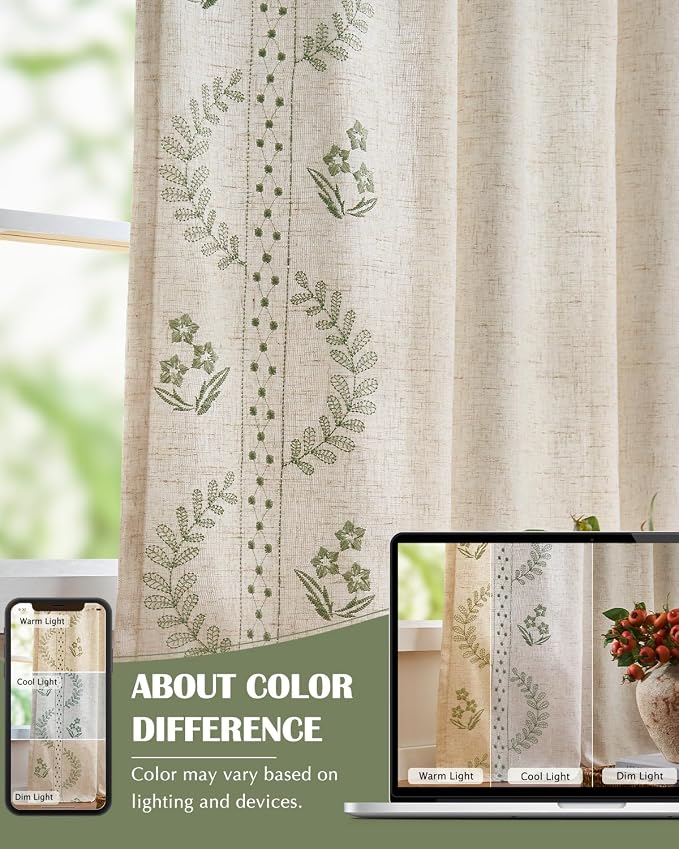 jinchan Floral Lined Linen Curtains 63 Inch Rod Pocket 2 Panels Sage Green | Embroidered curtains,privacy lining,boho curtains,light filtering,living room,bedroom,flower patterned,window treatment