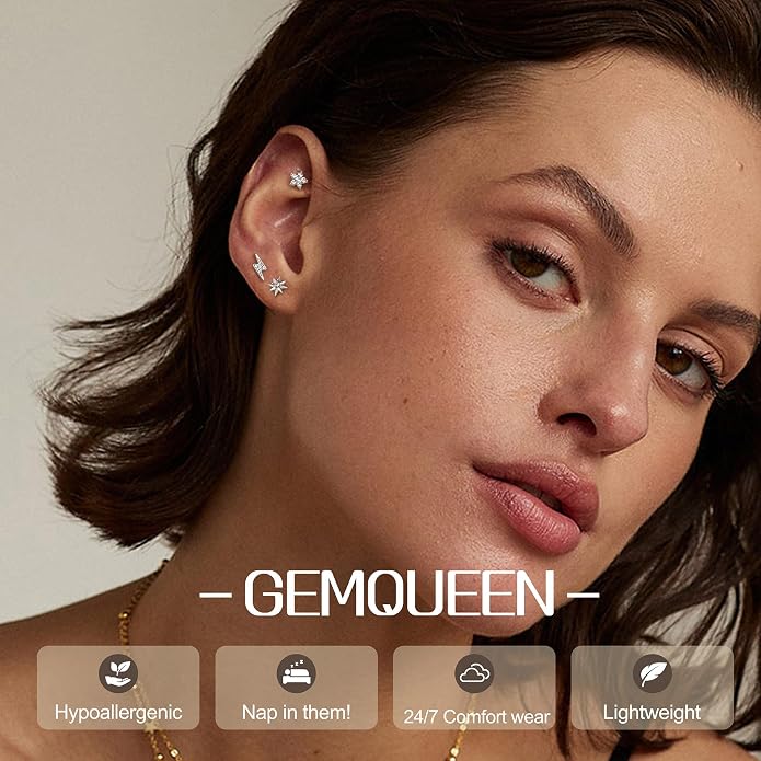 GEMQUEEN G23 Implant Grade Titanium 18G Internally Threaded Flat Back Earrings 5A CZ Studs: 14K Gold Hypoallergenic 3 Pcs Tragus Cartilage Conch Helix Piercing Jewelry for Sensitive Ears Women Men