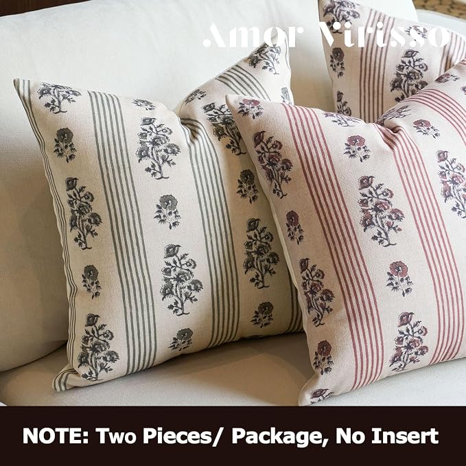 Amor Virisso Floral Throw Pillow Covers 18x18 Set of 2 Block Print Pillow Covers Neutral Floral Striped Farmhouse Decorative Pillow Covers for Sofa Couch Bed, Red