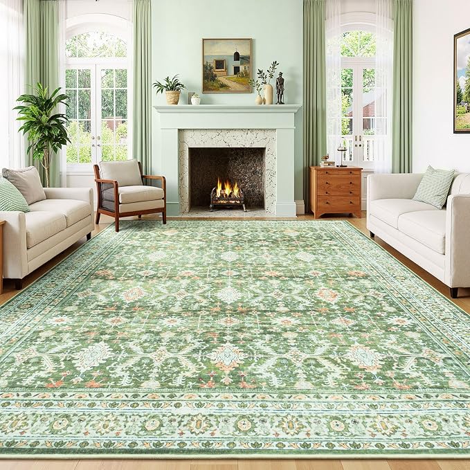 Lessymo 5x7 Washable Area Rug with Non Slip Backing,Soft Boho Indoor Carpets for Living Room Bedroom Nursery, Kid and Pet Friendly, Light Green