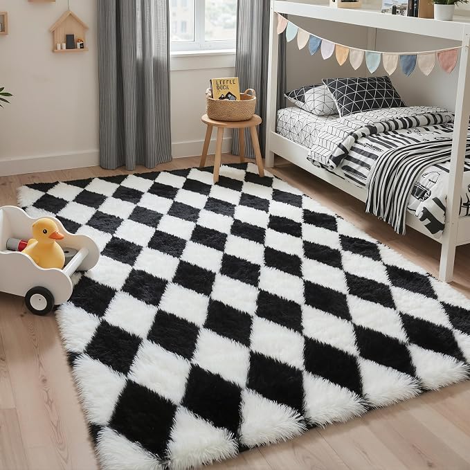 GENIMO Checkered Rug 6x9 Area Rugs for Kids Bedroom Soft Shag Rug Fluffy Fuzzy Carpet Plush Rugs for Living Room Nursery Playroom Dorm Modern Home Decor Aesthetic, Black and White