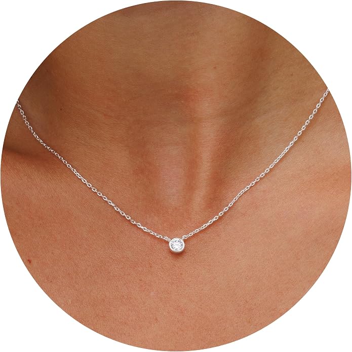 Galis Dainty Necklace - Silver, Gold Plated 18" Choker for Women with Dainty Small Round Faux Diamond Necklace Pendant, Necklaces Women with CZ Solitaire Lobster Clasp, Minimalist Gift